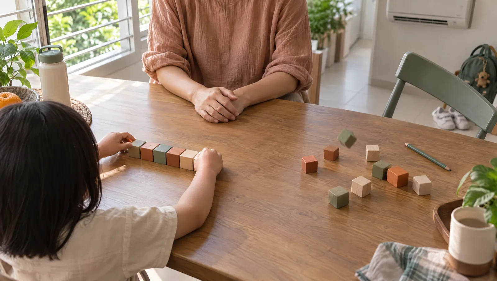 At one table a child lines blocks into a neat row while other blocks sit scattered mid-play, and a parent waits close by with folded hands.
