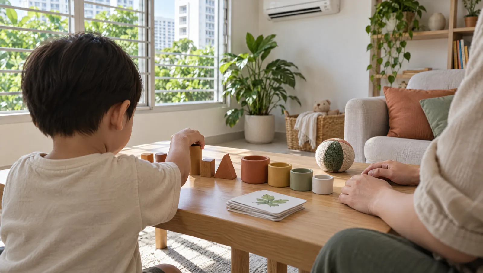 A child lines up wooden blocks and nesting cups on a low table while a parent sits close by with open hands.
