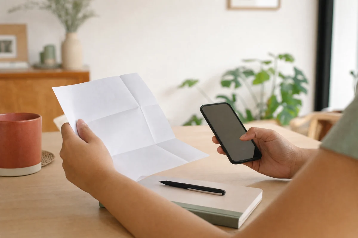 A parent’s hands at a table holding a folded appointment letter and a phone, with a notebook and pen