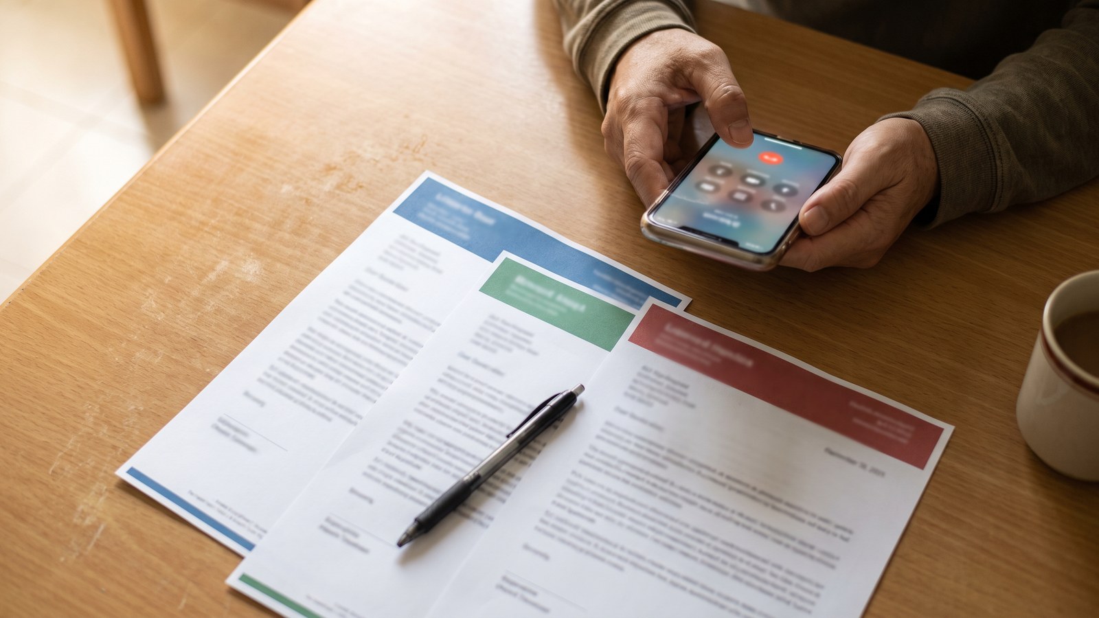 A parent’s hands holding a phone above three printed pages spread on a kitchen table.