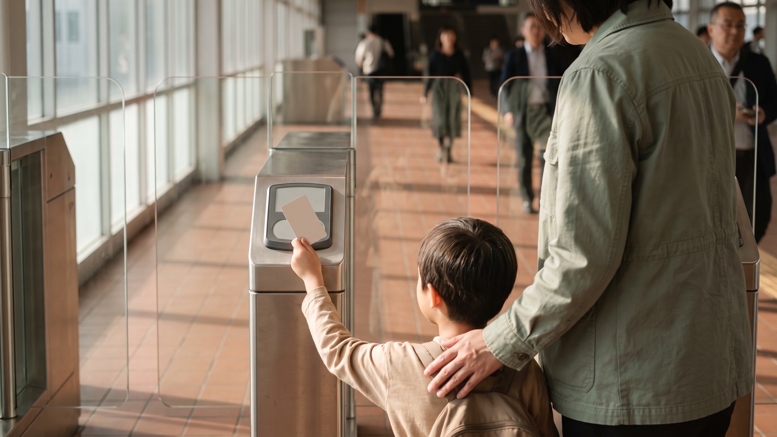 A child taps a plain travel card at a rail station fare gate while a parent rests a hand on their shoulder