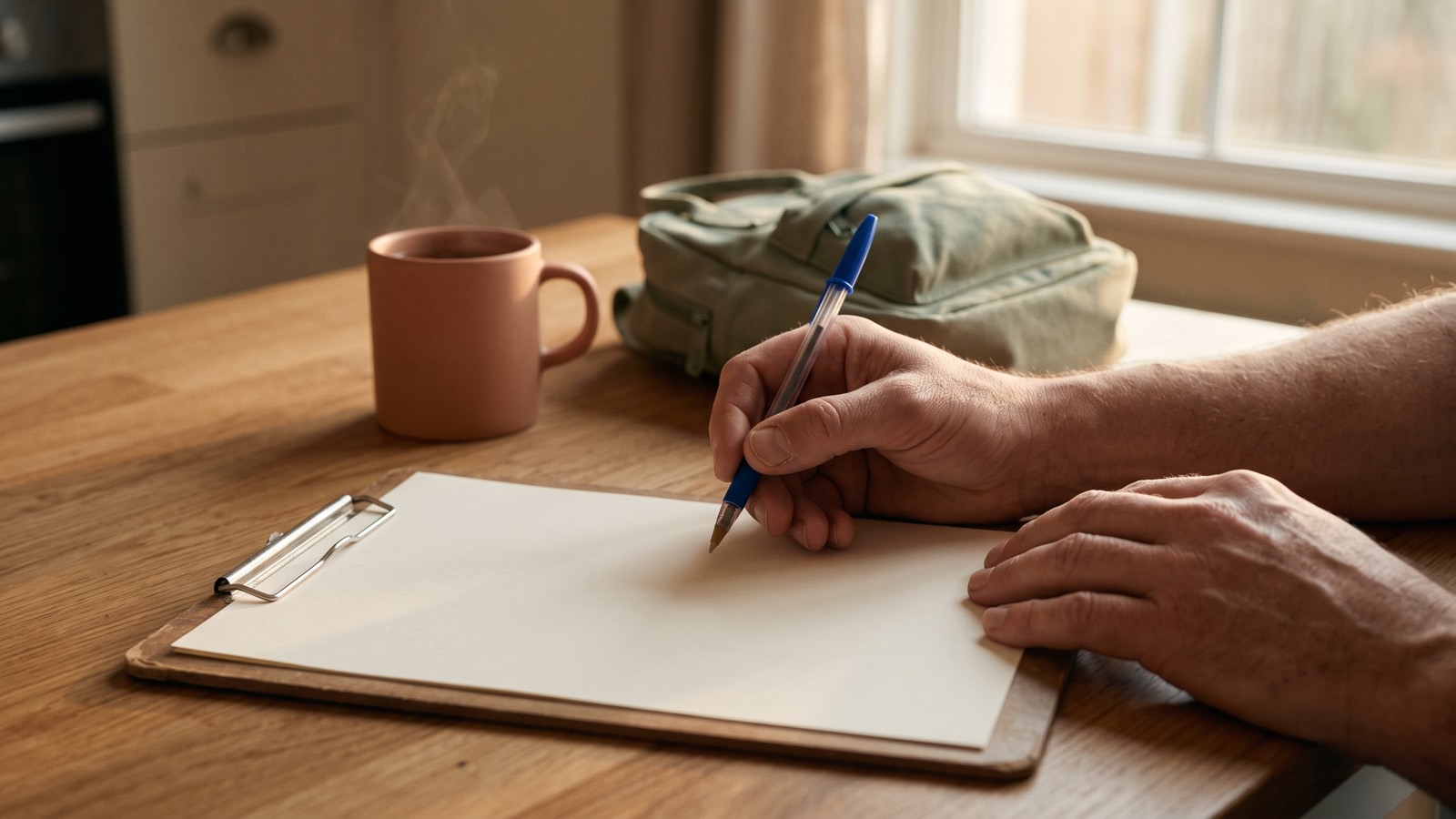 A parent's hands hold a pen over a blank form on a clipboard at a kitchen table, beside a mug and a child's backpack