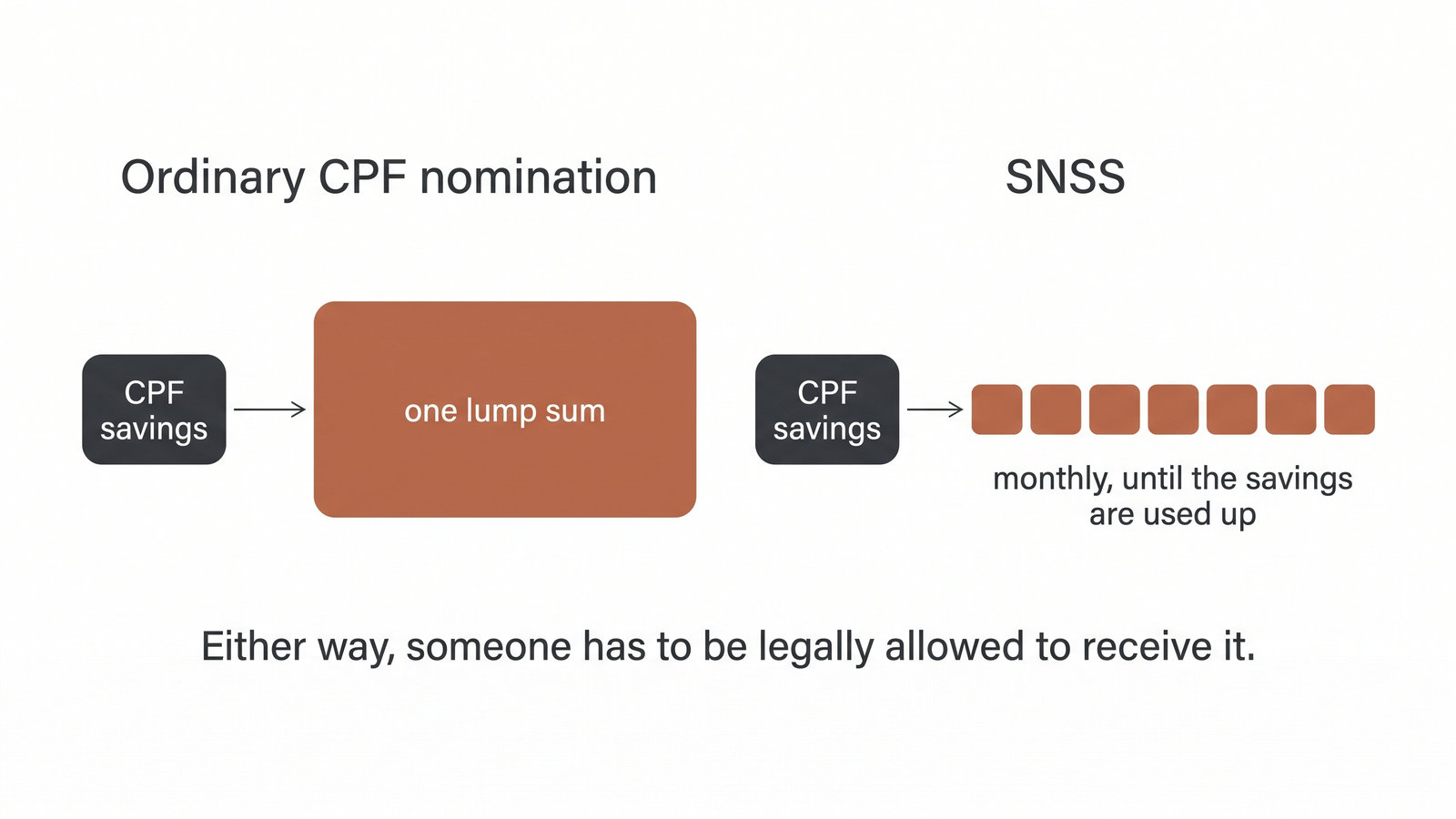 Two paths from CPF savings: an ordinary nomination pays one lump sum, SNSS pays monthly amounts until the savings are used up, and either way someone has to be legally allowed to receive the money.