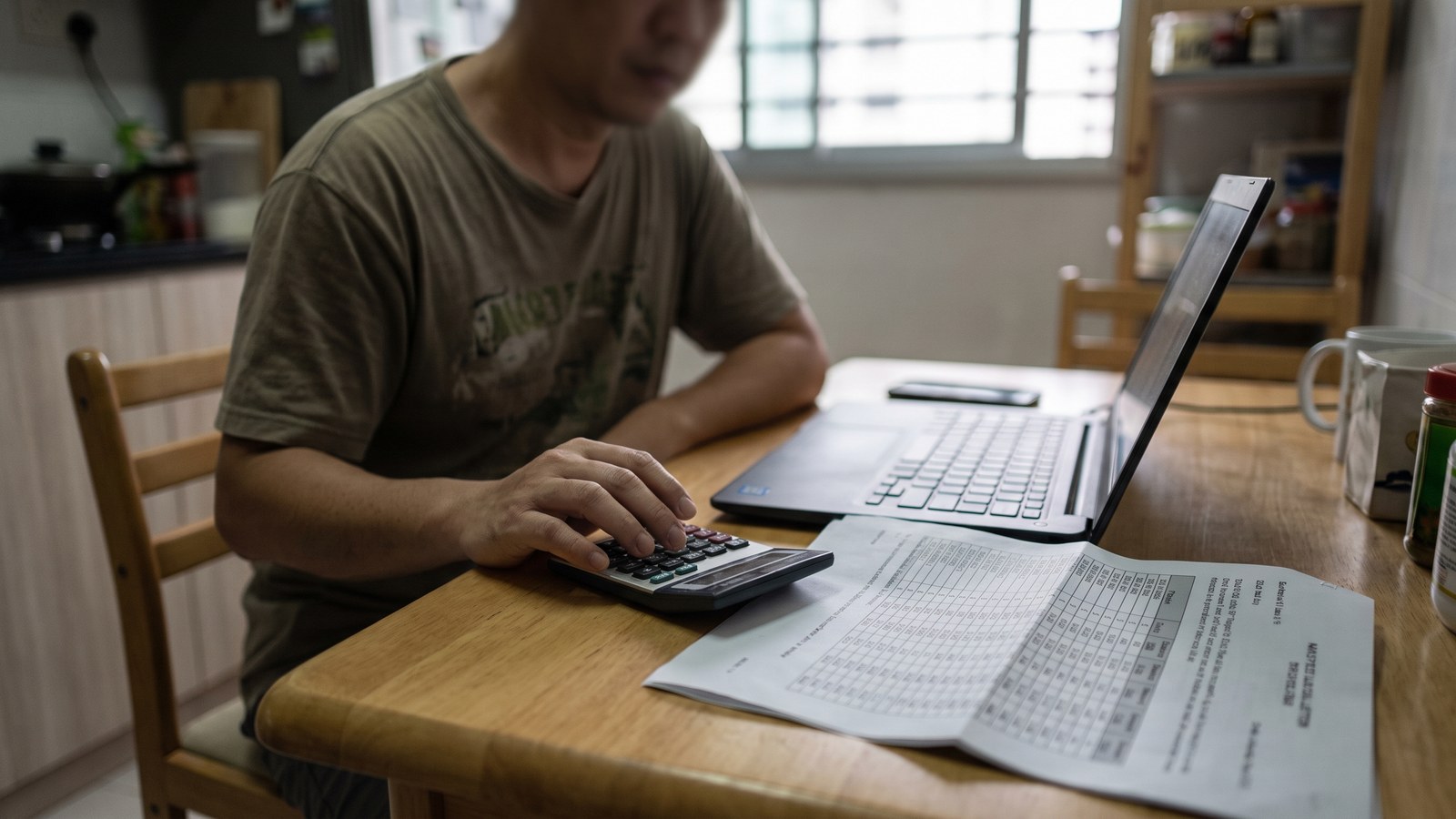 A parent at a kitchen table working through a school fee letter with a calculator and a laptop.