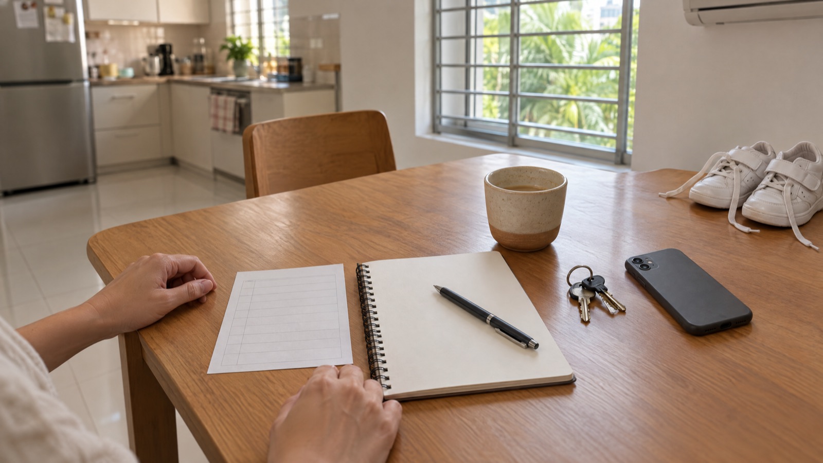 A parent's hands either side of a blank notebook and an appointment slip on a home kitchen table, with house keys, a phone and a small pair of school shoes beside them.