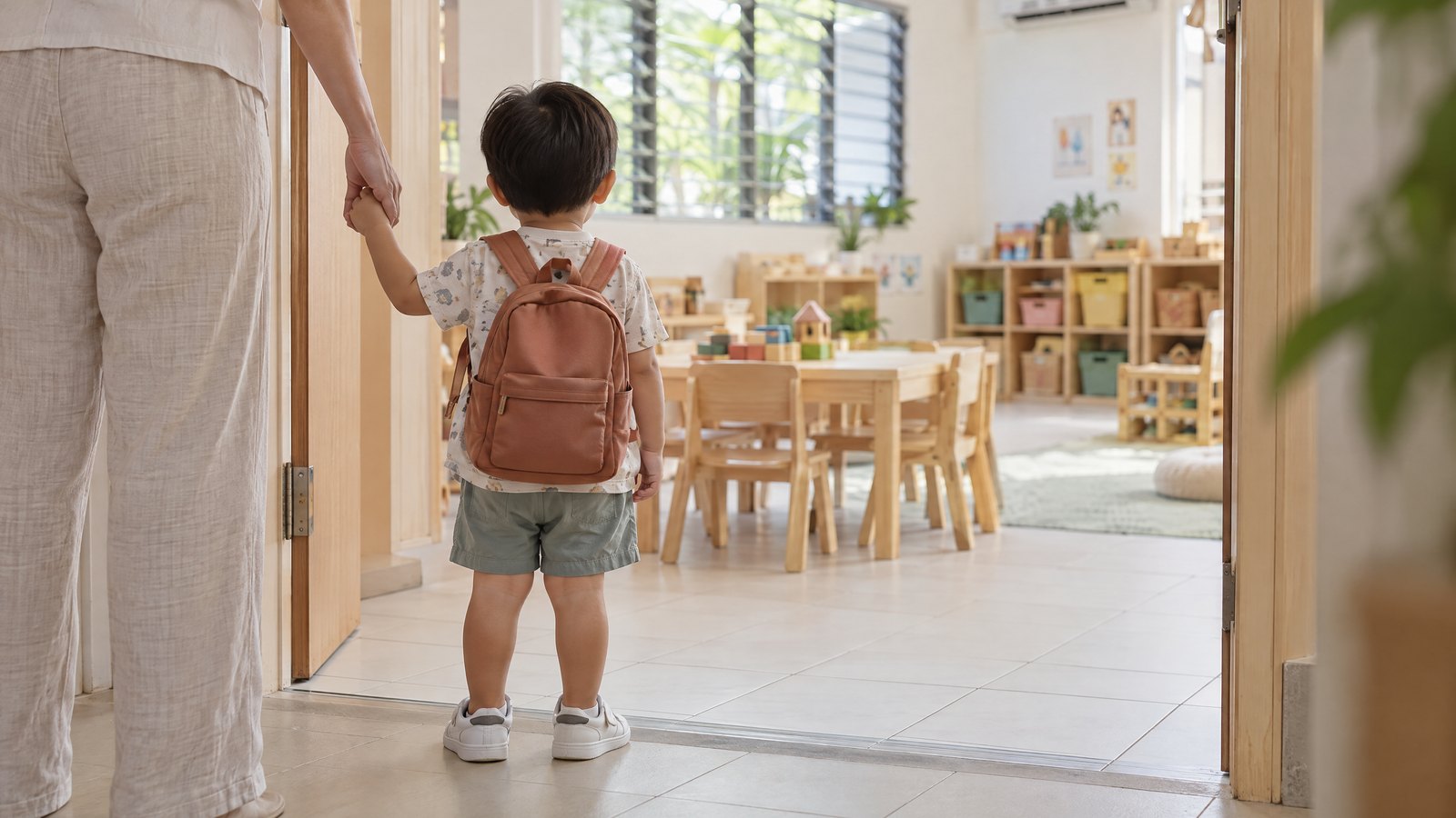 A small child with a backpack, seen from behind, holds a parent's hand at the open door of a bright preschool classroom, low tables and cubbies inside, on an ordinary weekday morning.