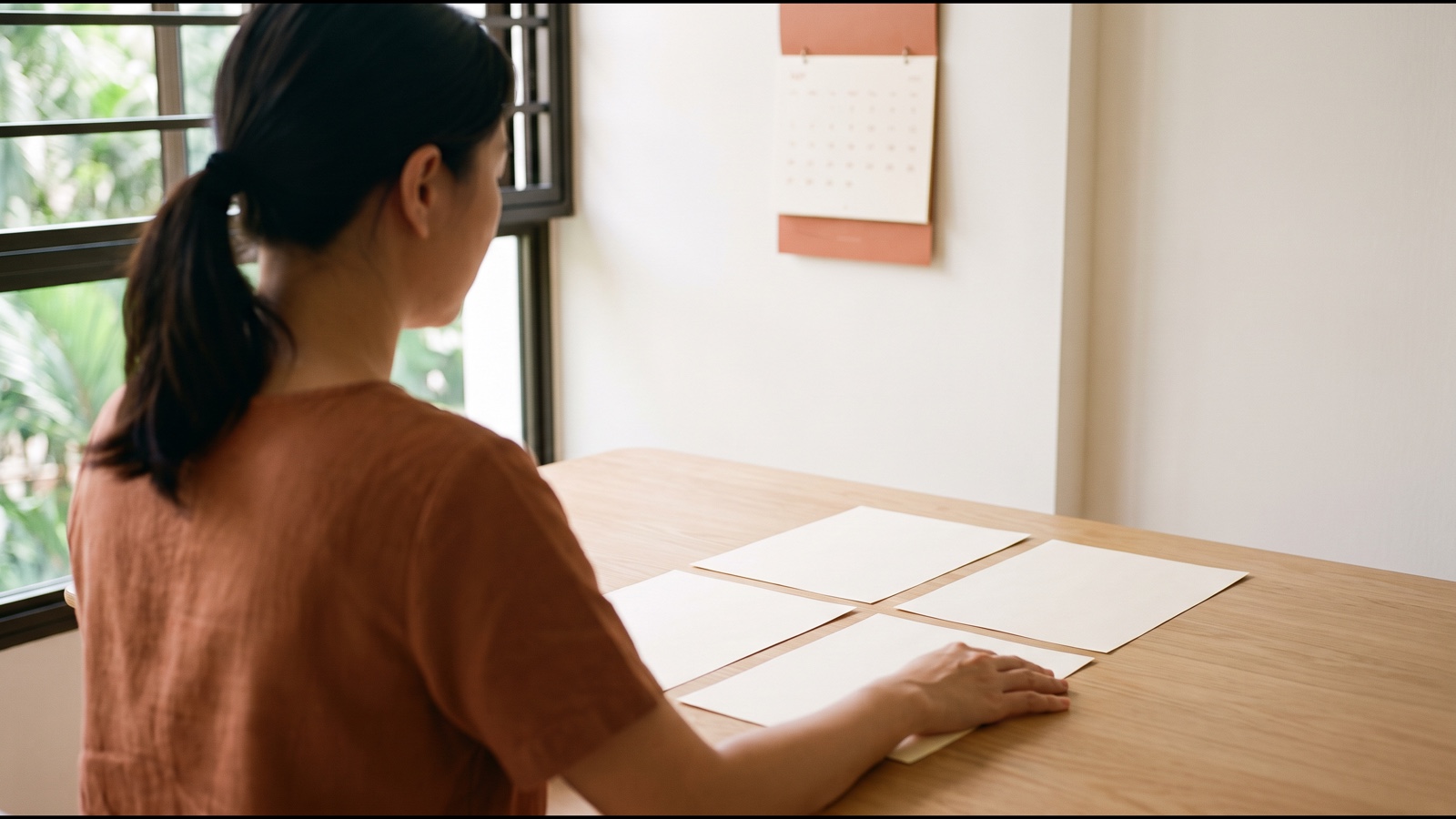 A parent at her dining table lays four school information sheets in a neat grid, a wall calendar behind her.