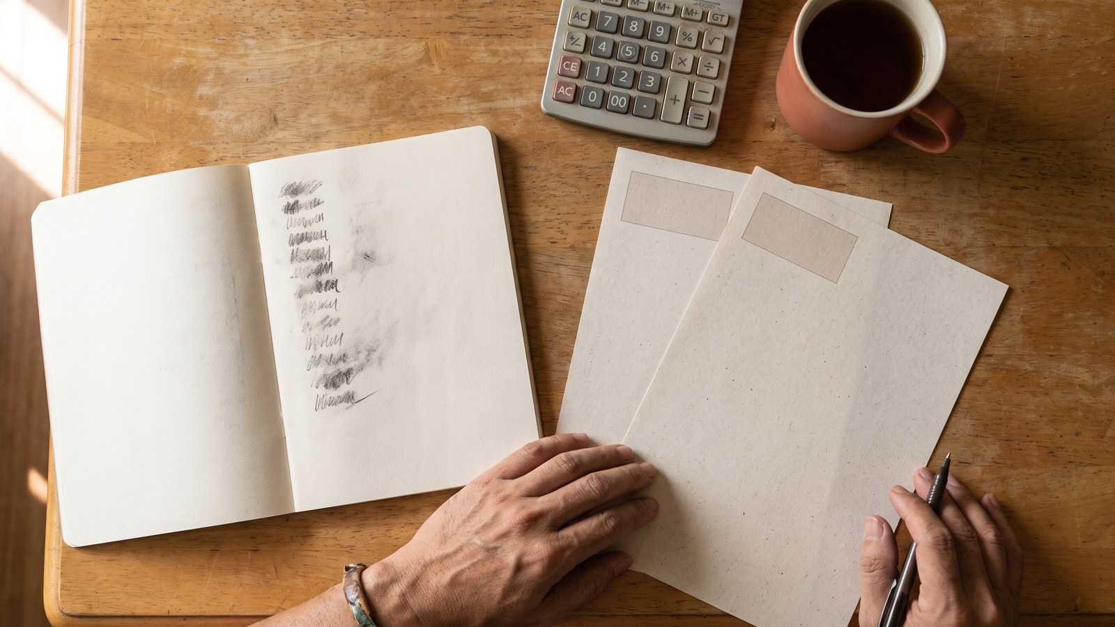A parent’s hands at a kitchen table with an open notebook, a calculator and two printed pages.