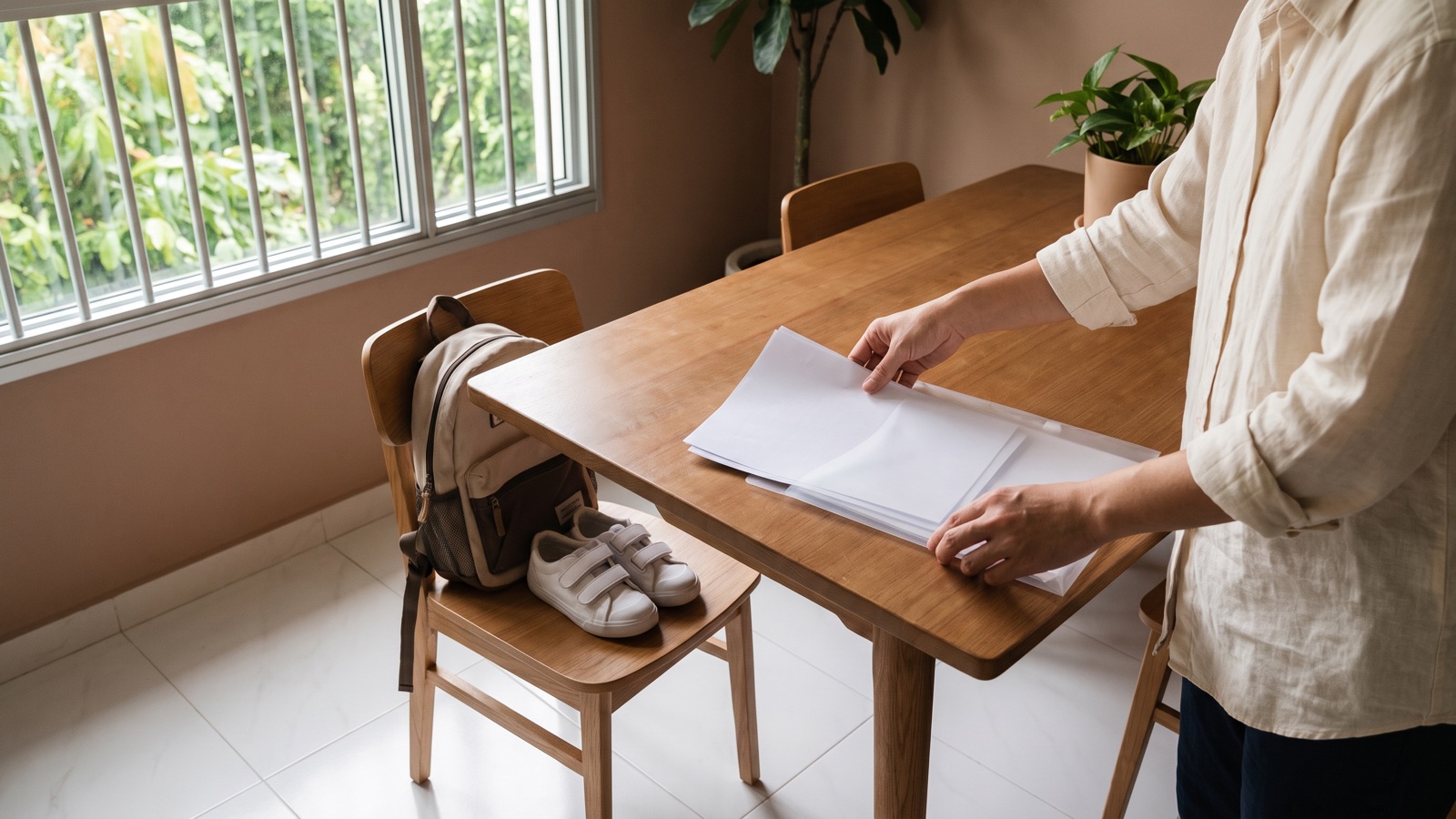 A parent slides a set of school application papers into a clear folder at the dining table, a packed school bag and white velcro shoes waiting on the chair.