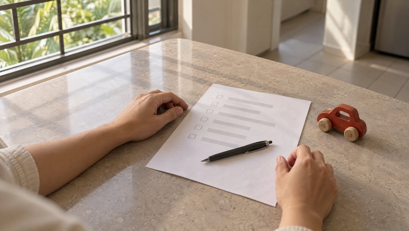 A parent reads through a printed checklist at the kitchen table before choosing a therapy, a pen across the page and the child's wooden toy car close by.