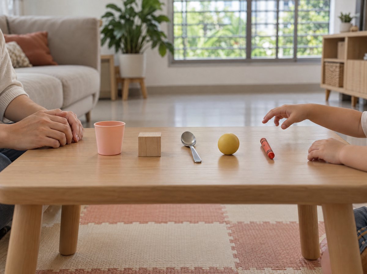 Five everyday objects set out in a row on a low table at home, an adult's hands resting at one end and a child's hand reaching in, ready for a table-top session.