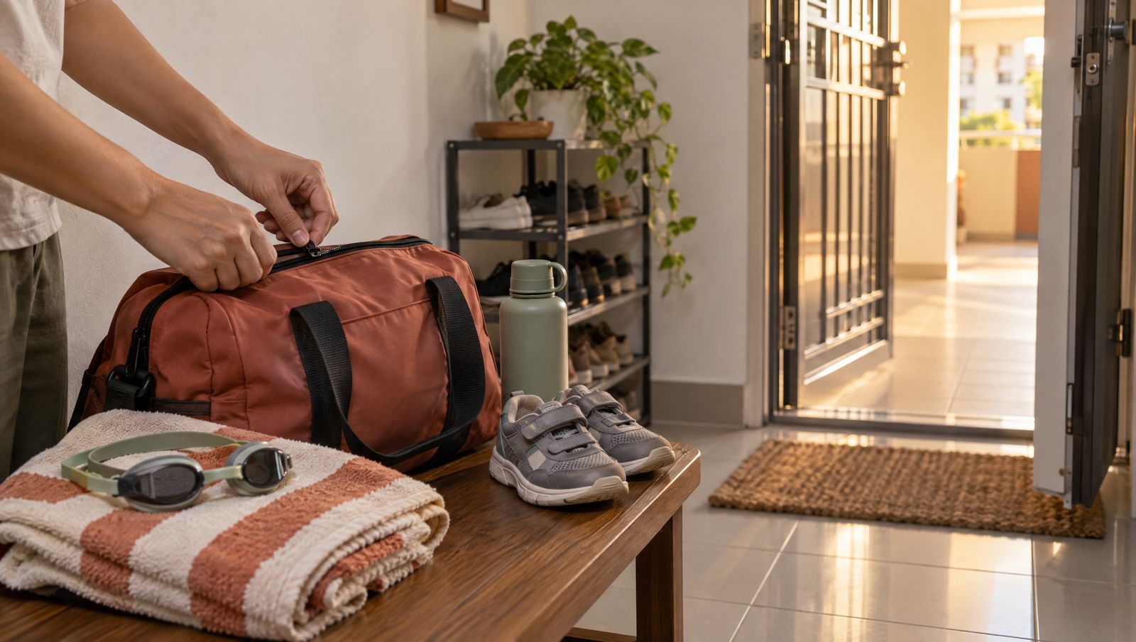 A child's small sports bag being packed on a bench by the door of a Singapore flat: swimming goggles, a folded towel, a water bottle and small running shoes, with a parent's hand zipping it shut.