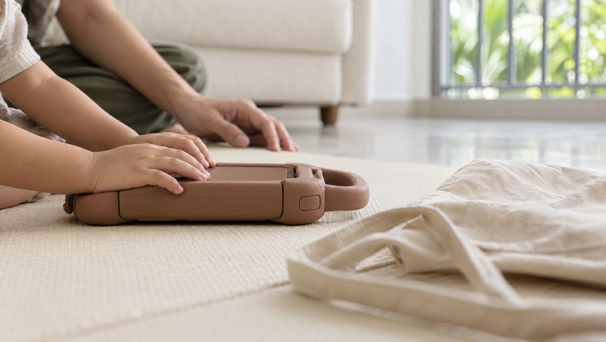 A child's hands rest on a sturdy communication device with a carry handle, on a play mat at home, beside the canvas bag it came in.