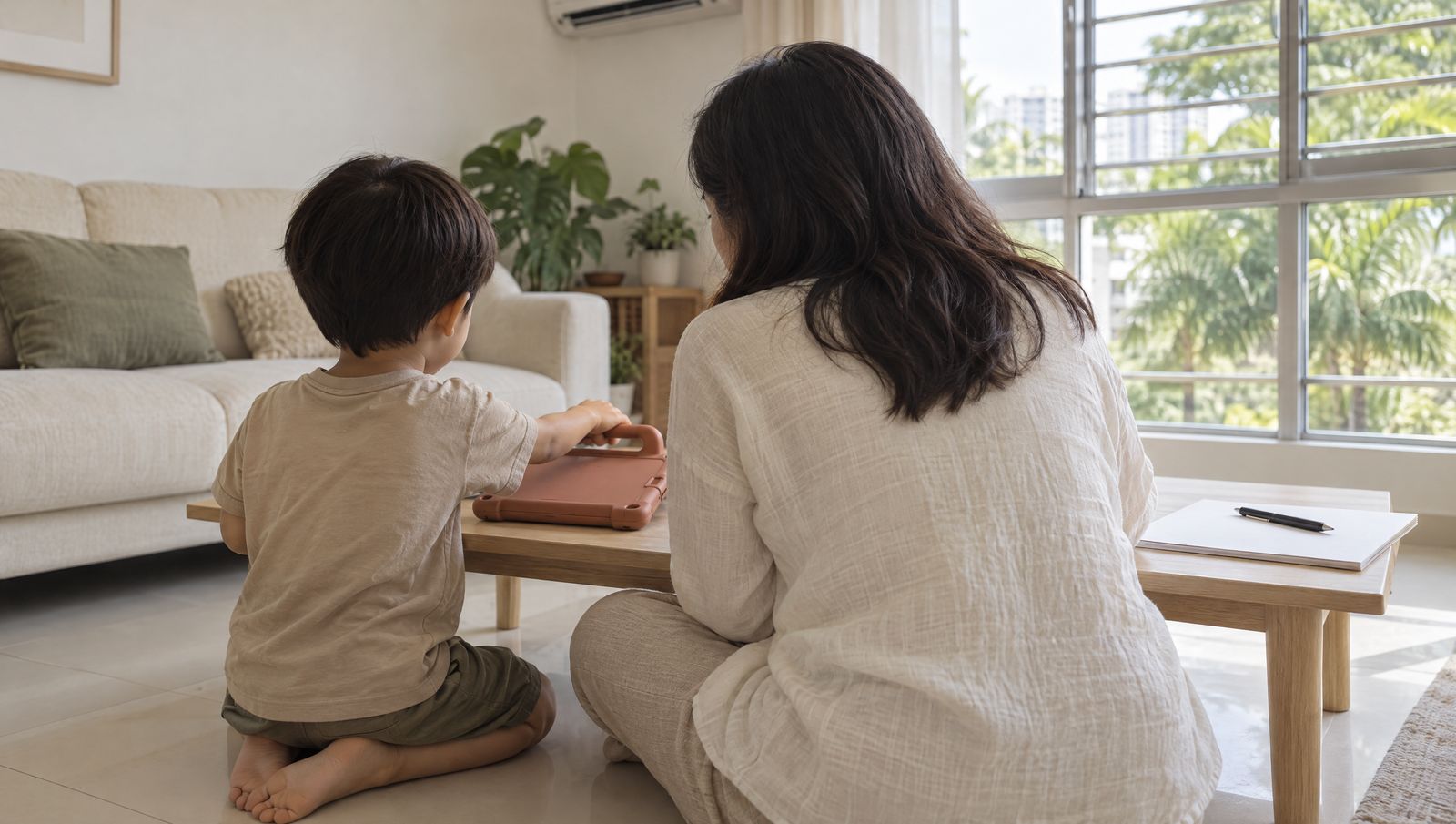At a low table in an HDB flat, a young child reaches for a tablet in a thick protective case while a parent sits close beside, both seen from behind.
