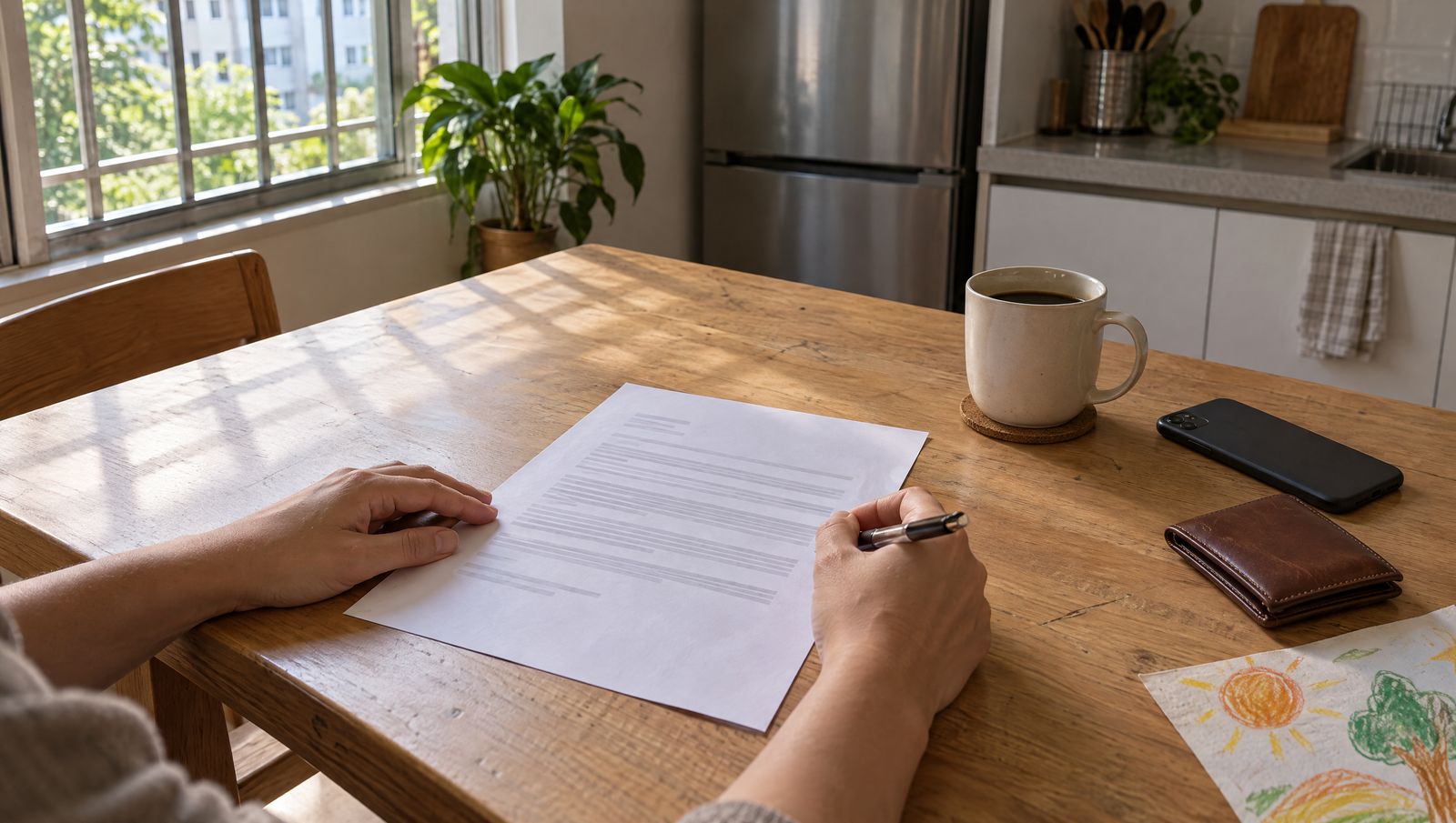 A parent's hands rest on a printed referral letter at the kitchen table, pen ready, with a wallet, a face-down phone and a child's crayon drawing beside it.
