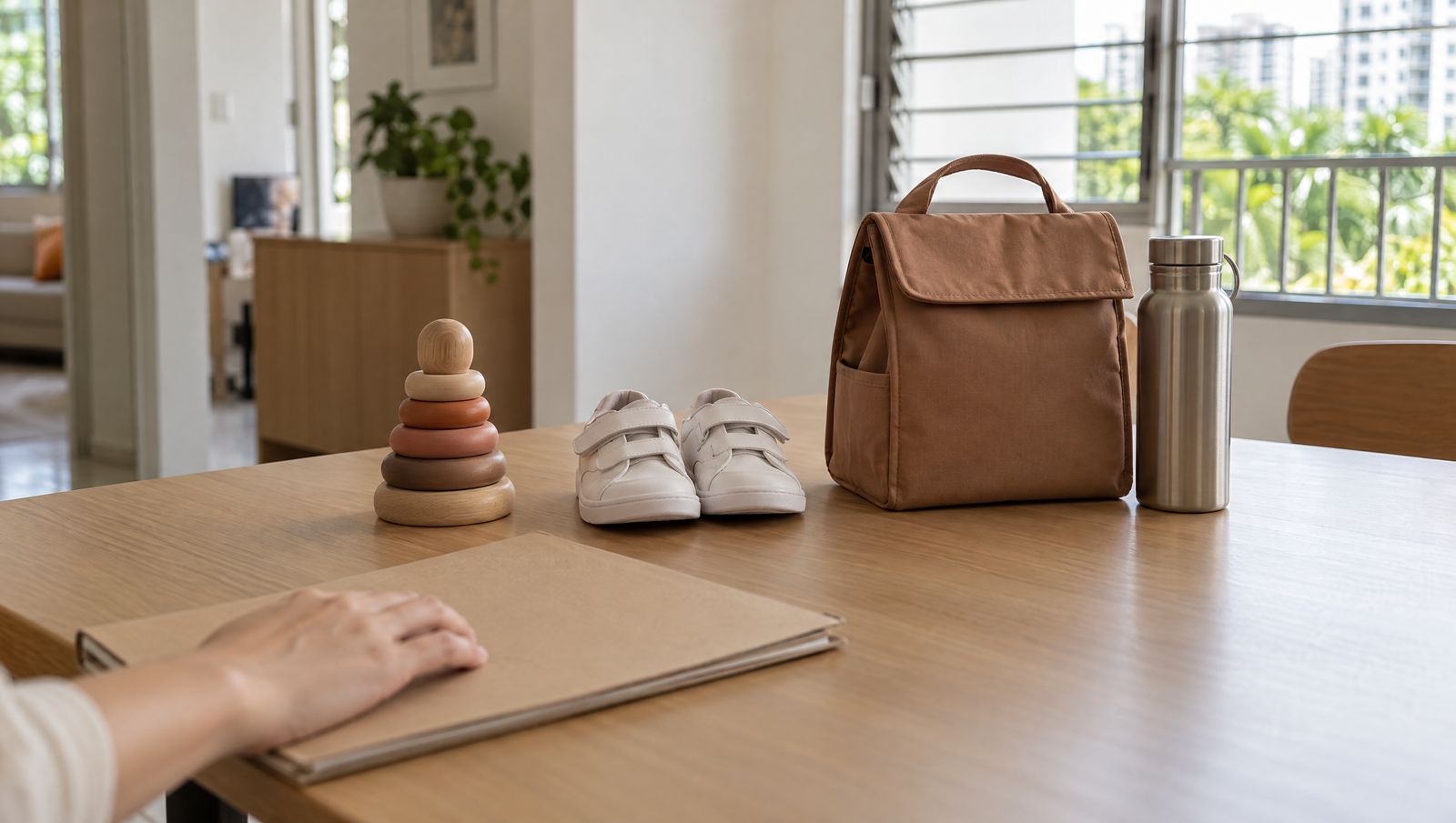 Stacking rings, small white school shoes and an adult's lunch bag in a row on a home table, one for each stage from toddler to adult, with a parent's hand on a folder of forms.
