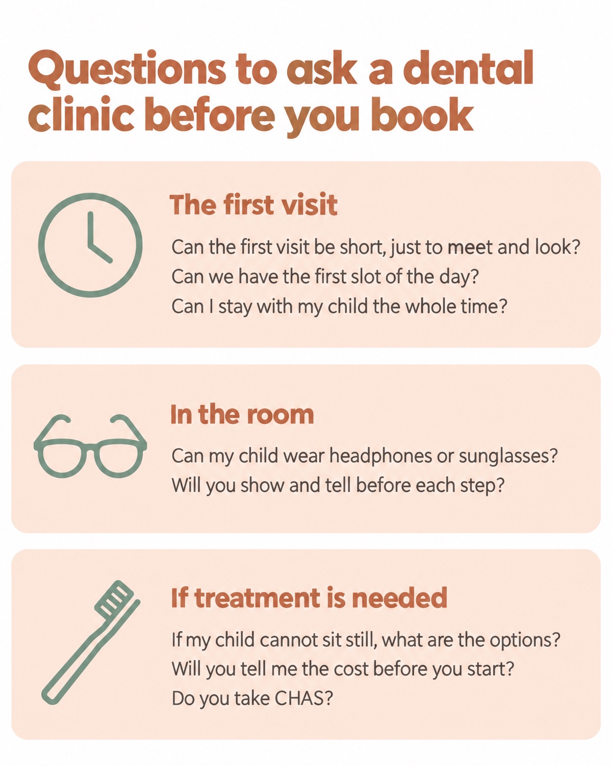 A card of questions to ask a dental clinic before you book, in three groups: the first visit, in the room, and if treatment is needed.