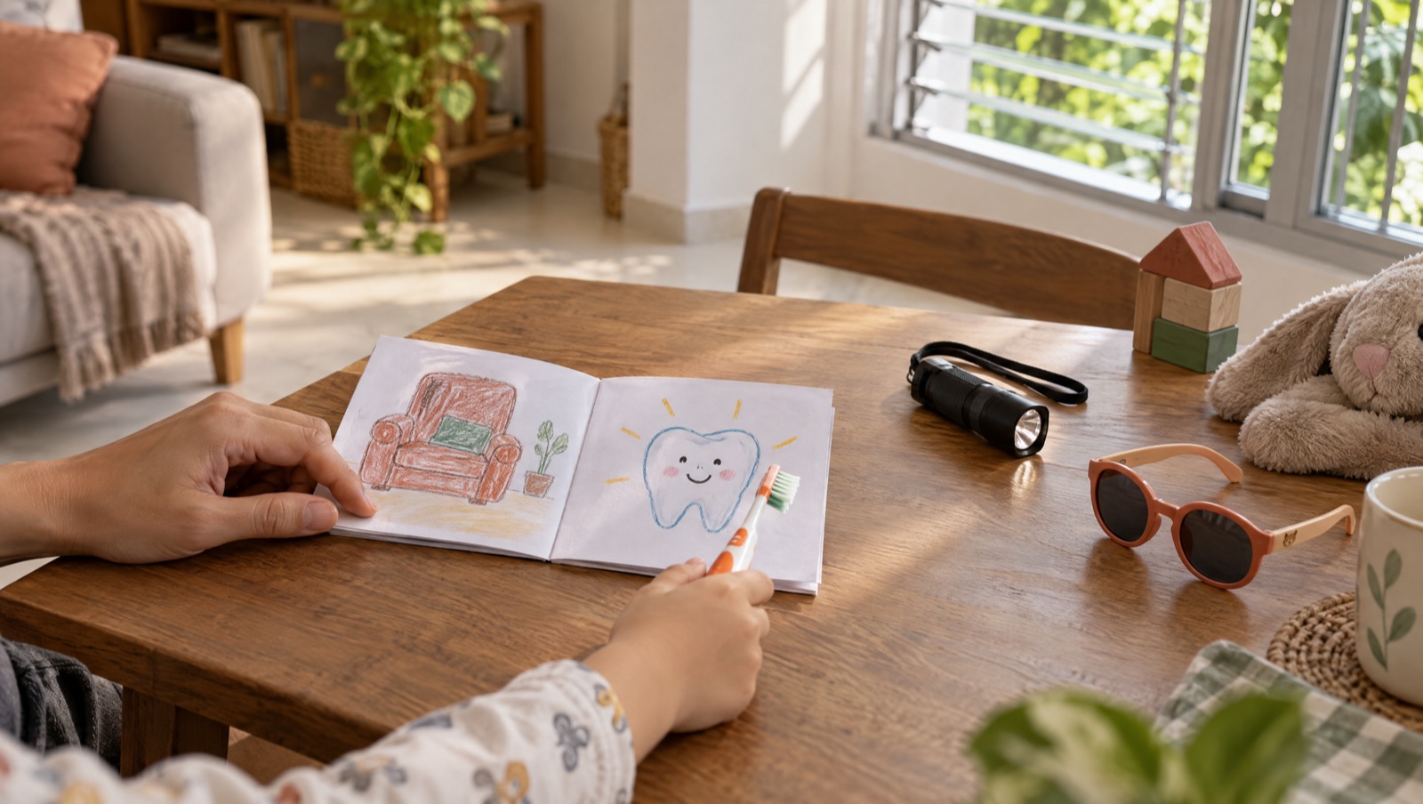 A parent's hands and a child's hands at a home table with a toothbrush, a small torch, a pair of child's sunglasses and a hand-made picture story about the dentist.