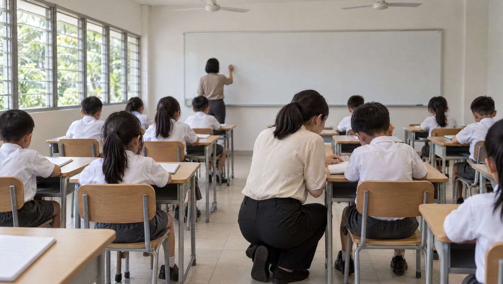 At the back of a primary school classroom during a lesson, an adult kneels beside one child's desk to help with the work while the class carries on, everyone seen from behind.