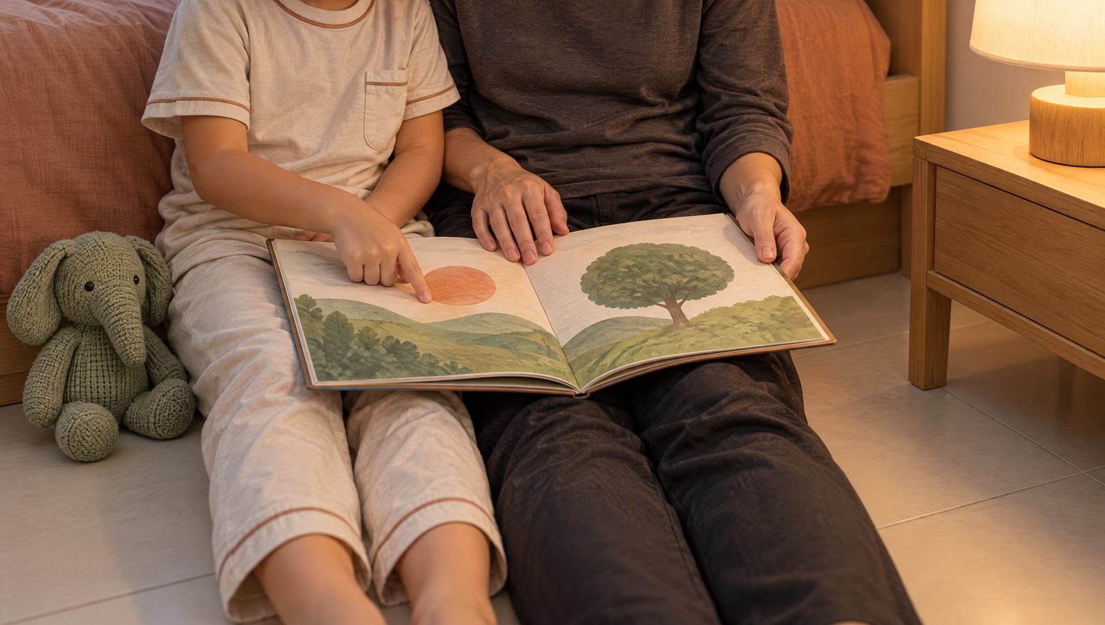In the early evening, a parent and a young child sit on the bedroom floor with their backs against the bed and a picture book open across their laps, the child pointing at a picture as the parent's hand rests on the page.