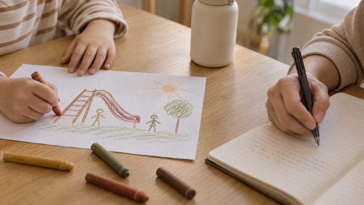 A child's hand drawing with crayons beside a parent's open notebook on the dining table, the two of them working side by side.