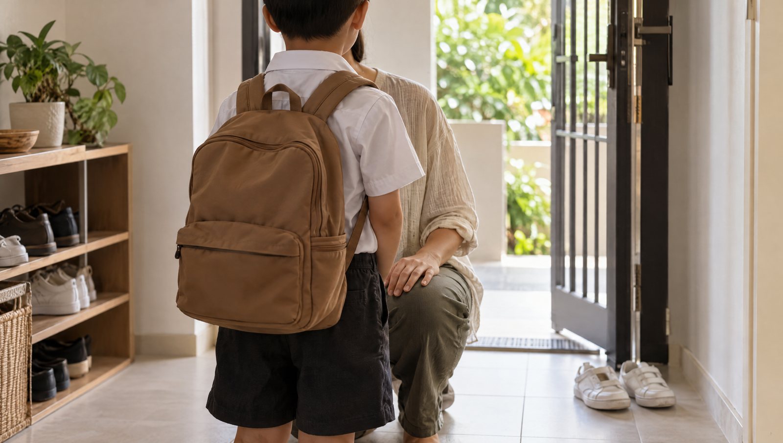 Just inside the front door of an HDB flat, a parent kneels to listen to a child in school uniform who is still wearing a school bag, the child seen from behind.