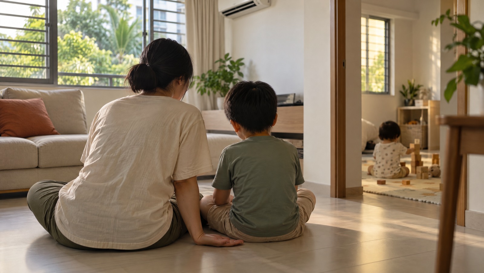 In an HDB living room, a parent sits on the floor beside a young child, both seen from behind, while a younger sibling plays with blocks in the next room.