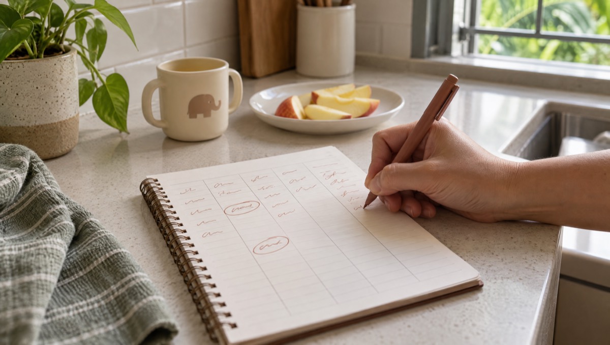 A parent's hand writing a short line in a ruled notebook on the kitchen counter, beside a child's cup and a plate of cut apple.