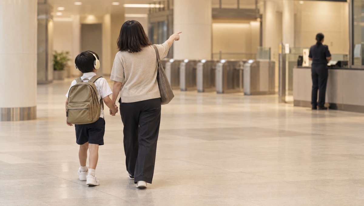 A parent and their child, in ear defenders, walk hand in hand through a quiet MRT station towards the staff counter, learning the route together.