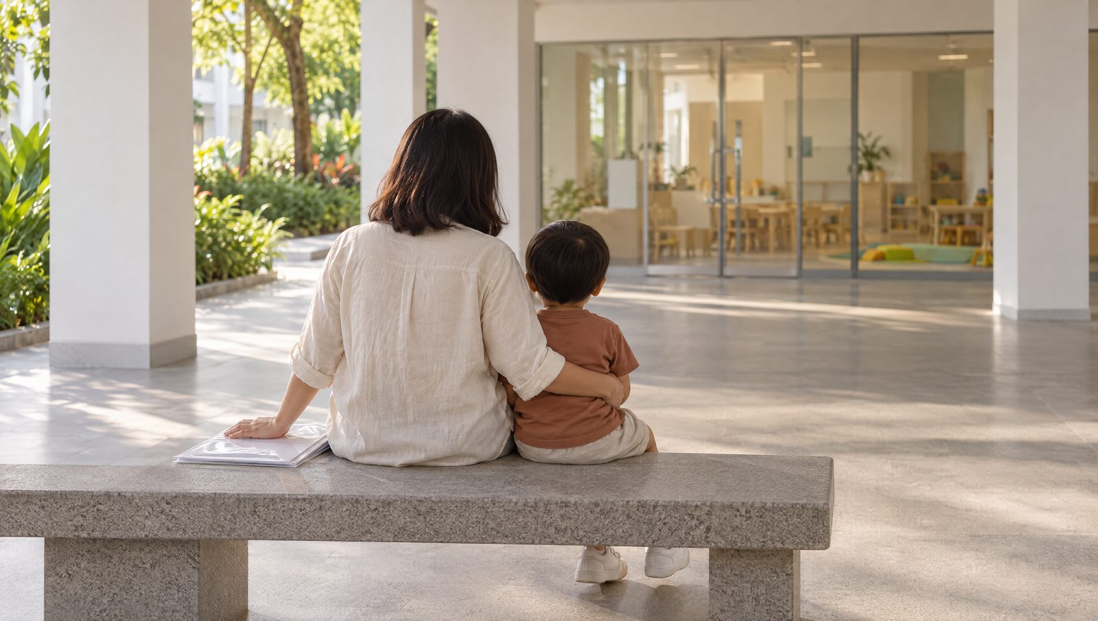 On a weekday morning at an HDB void deck, a parent and a toddler sit close together on a stone bench outside a ground-floor early intervention centre, a clear folder of papers beside them, both seen from behind.