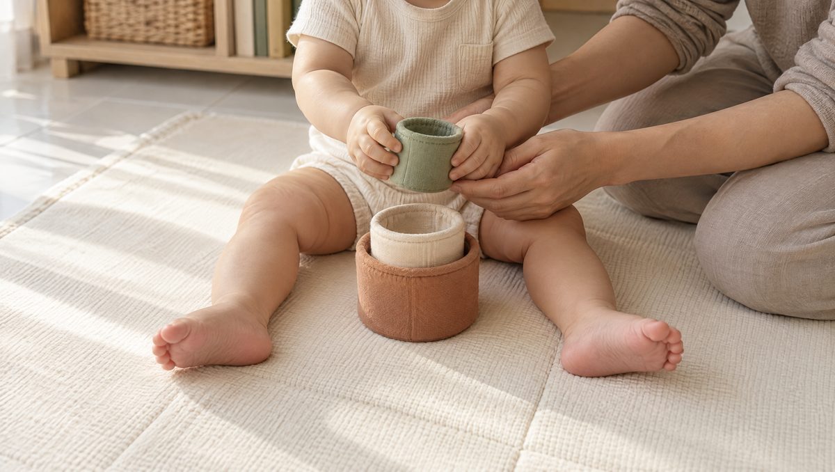 On a play mat at home, a parent's hands guide a baby's hands to stack soft fabric cups, the kind of everyday routine EIPIC Under 2 builds on.