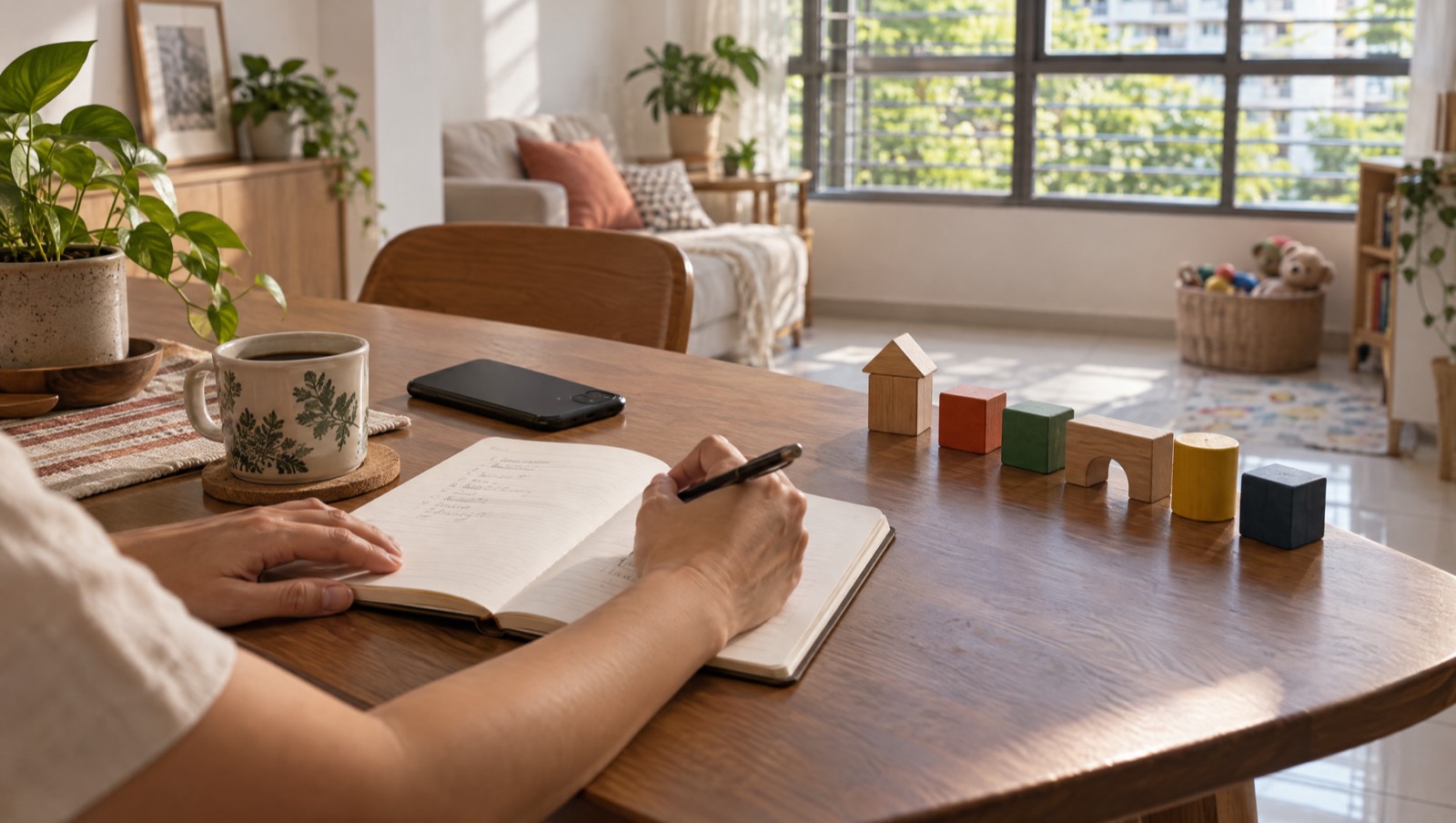 A parent's notebook of questions lies open beside a row of their child's wooden blocks on the dining table at home.