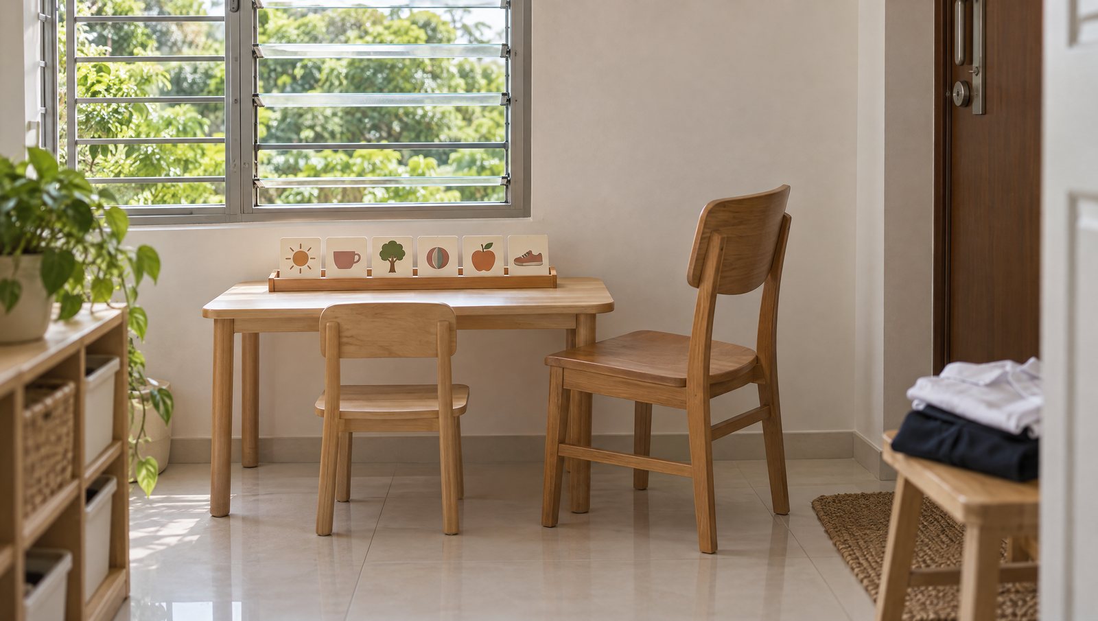 A child's learning corner at home on a weekday morning, a small table by the louvred window with picture cards set out in a careful row and an adult's chair pulled close beside the child's.
