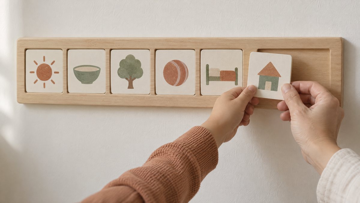 A parent's hand and a child's hand put one picture card into the last empty slot of a plain board on the wall at home, the next part of the day's plan.