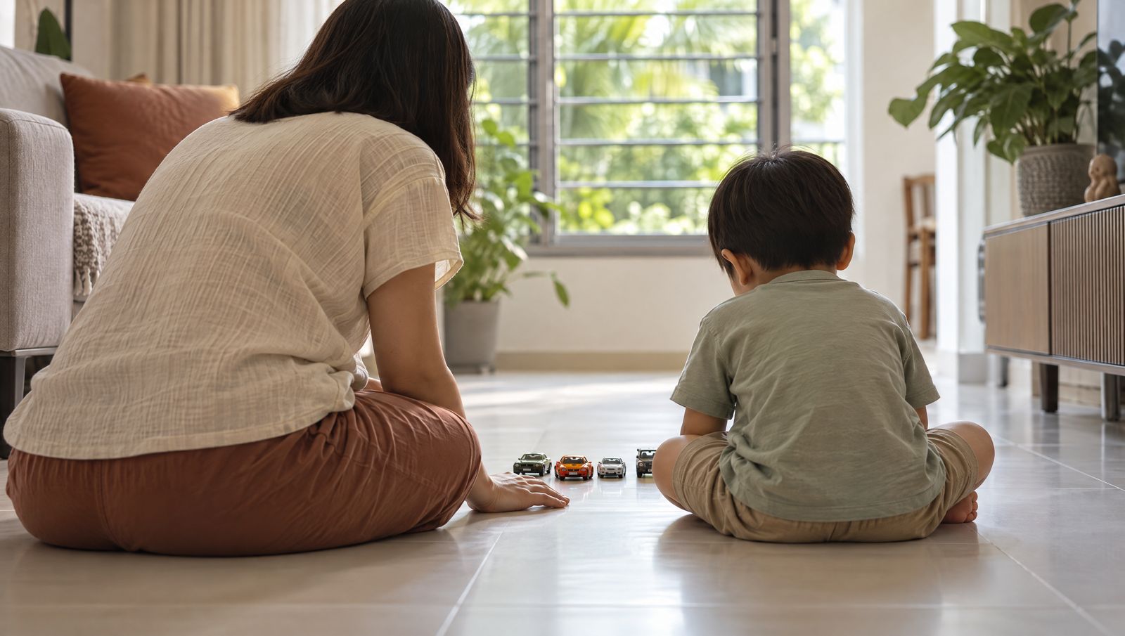 A parent sits on the tile floor at home beside a child and a row of toy cars, one hand open and waiting, joining the play rather than leading it.