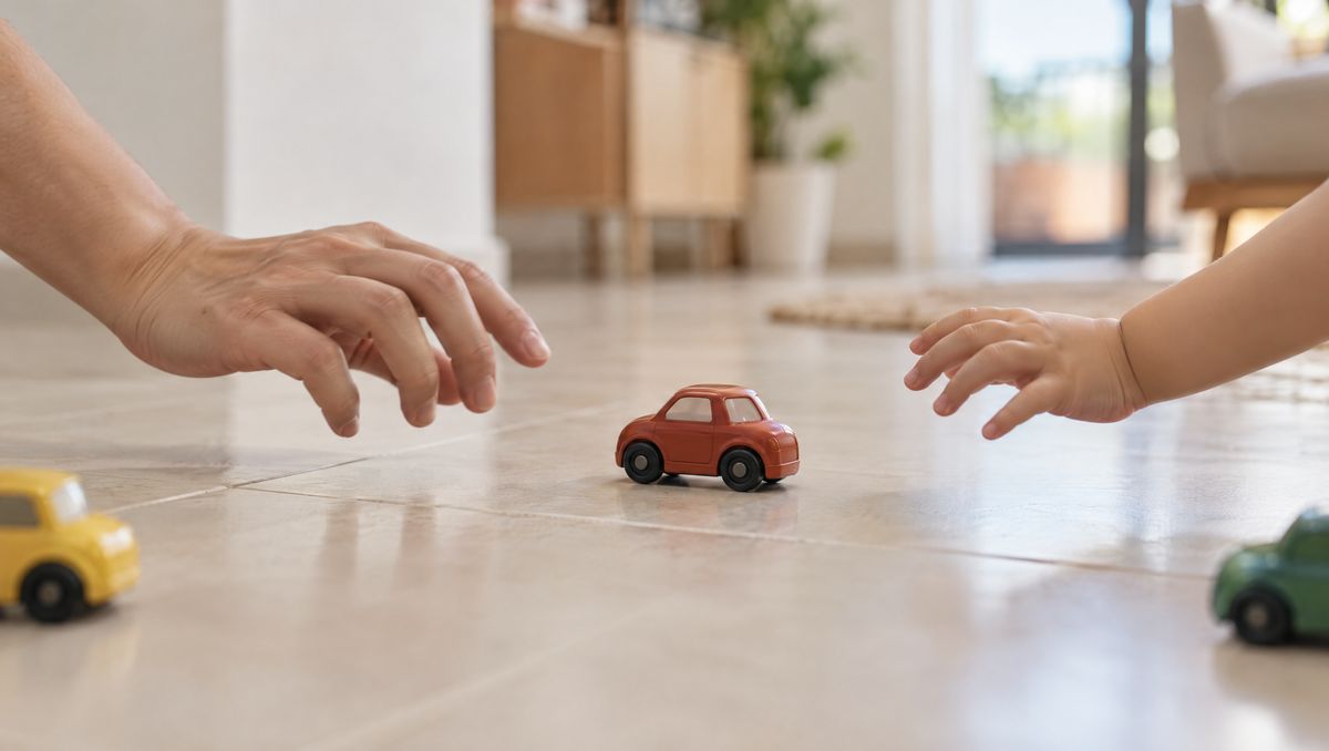 An adult's hand and a child's hand on either side of a toy car on the floor, passing it back and forth.