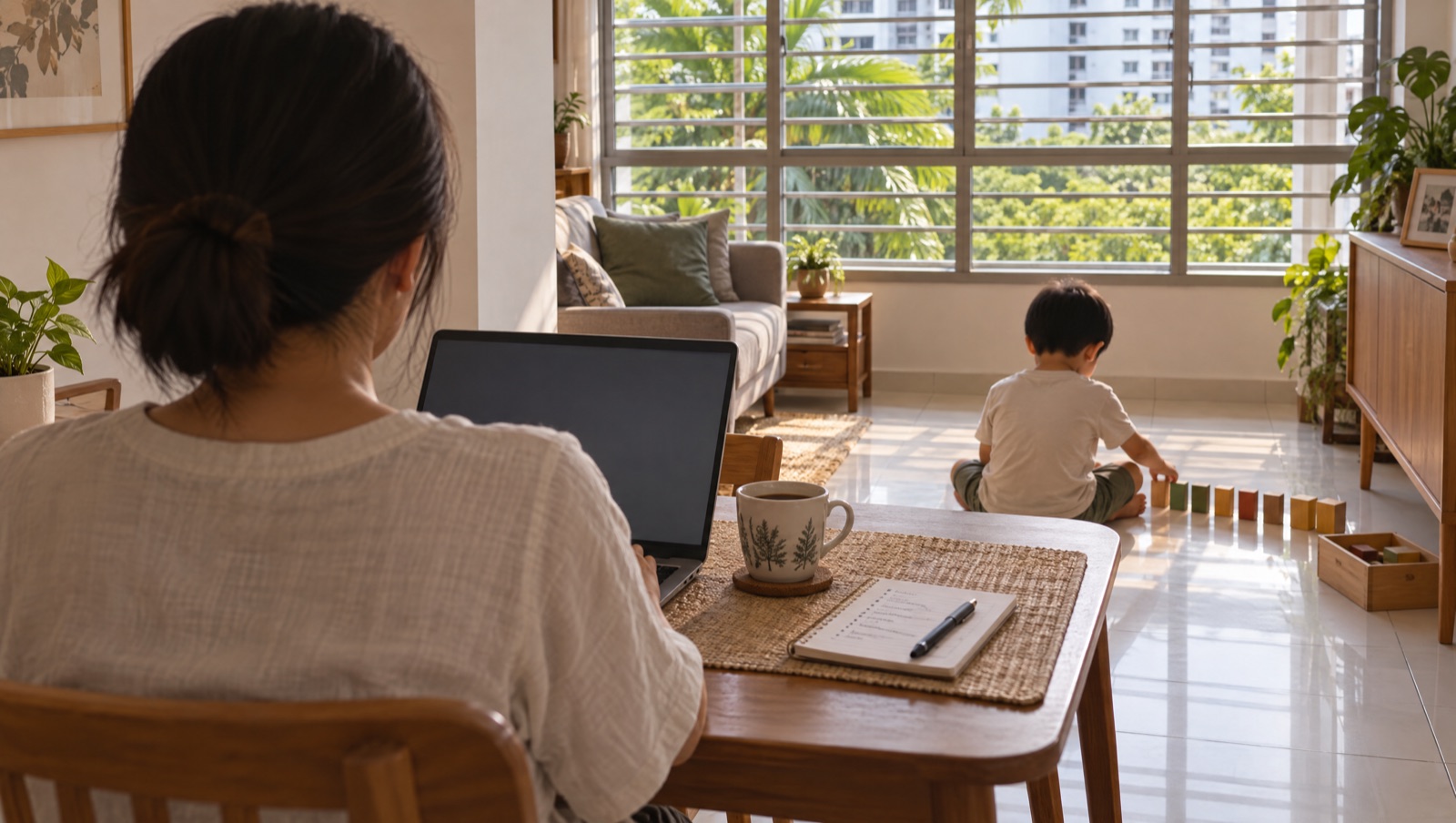 A parent at the dining table notes a short list from a laptop while their child lines up wooden blocks on the floor behind them.