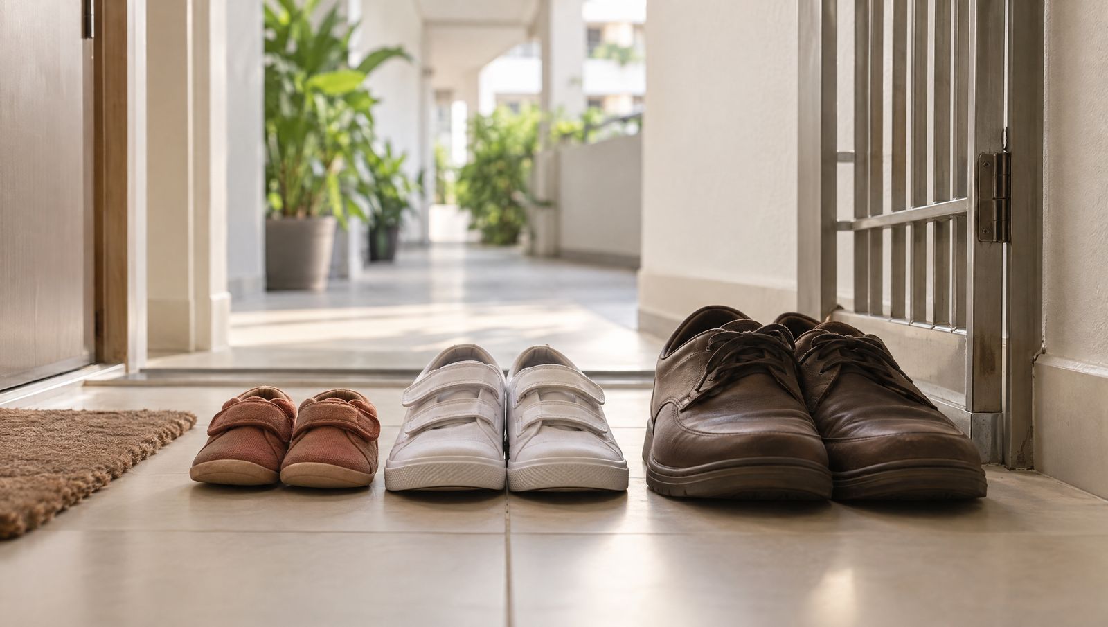 Three pairs of shoes by the door of an HDB flat, a toddler's, a pair of white velcro school shoes and an adult's, one family's road through the years the plan covers.