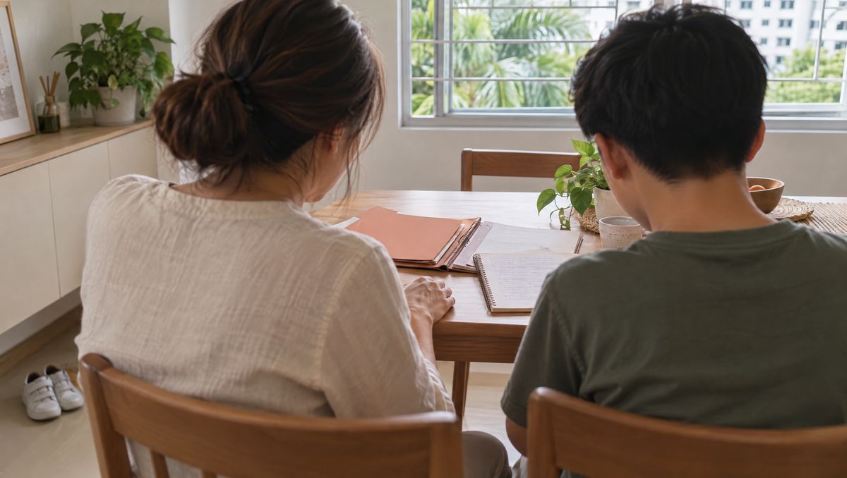A parent and a teenager sit side by side at a dining table at home, an open folder between them, planning together for the years after school.