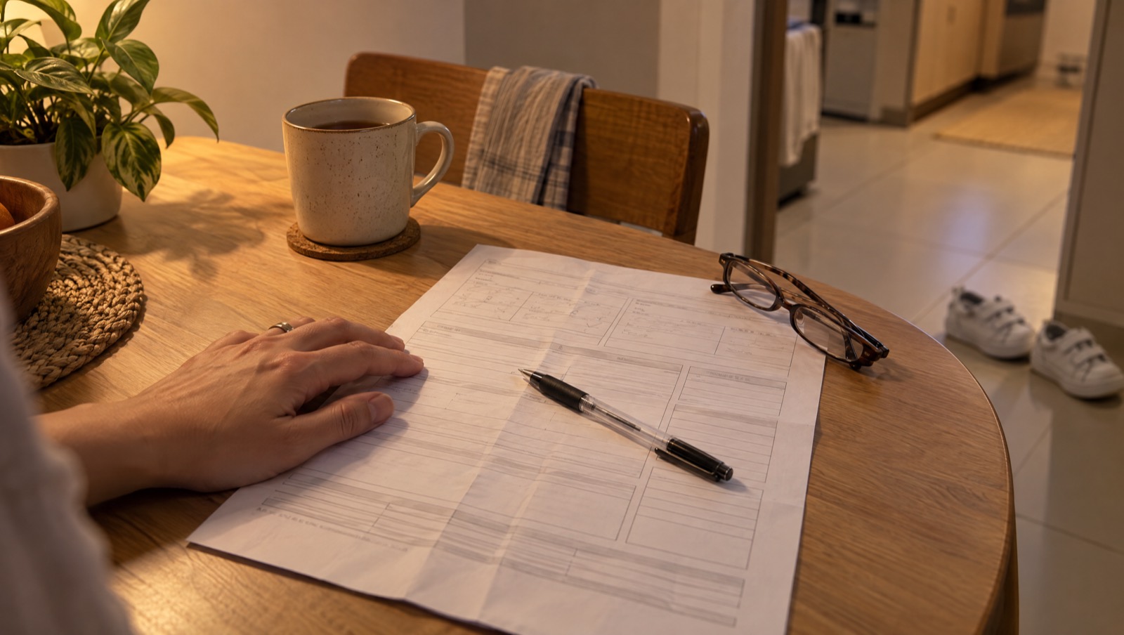A parent's hand rests on a partly filled application form at the dining table in the evening, with a pen across the page, reading glasses and a mug of tea beside it, and a child's school shoes by the kitchen door.