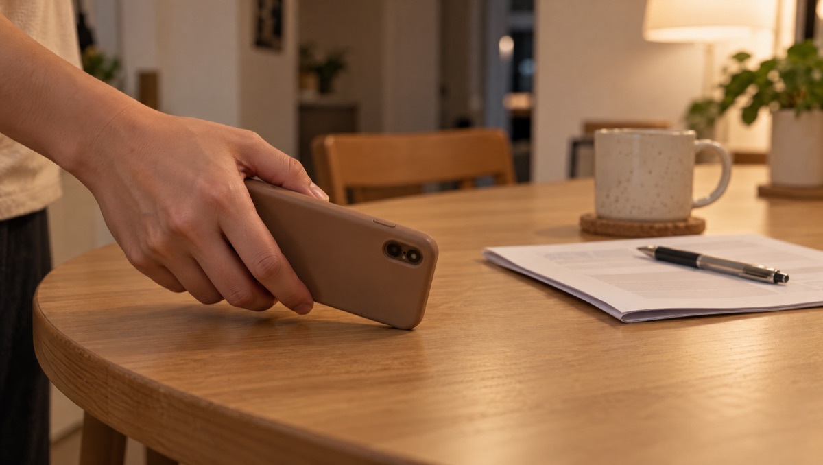 A parent's hand picks up a phone at the dining table, with the folded application form and a pen beside it, ready to make the call.