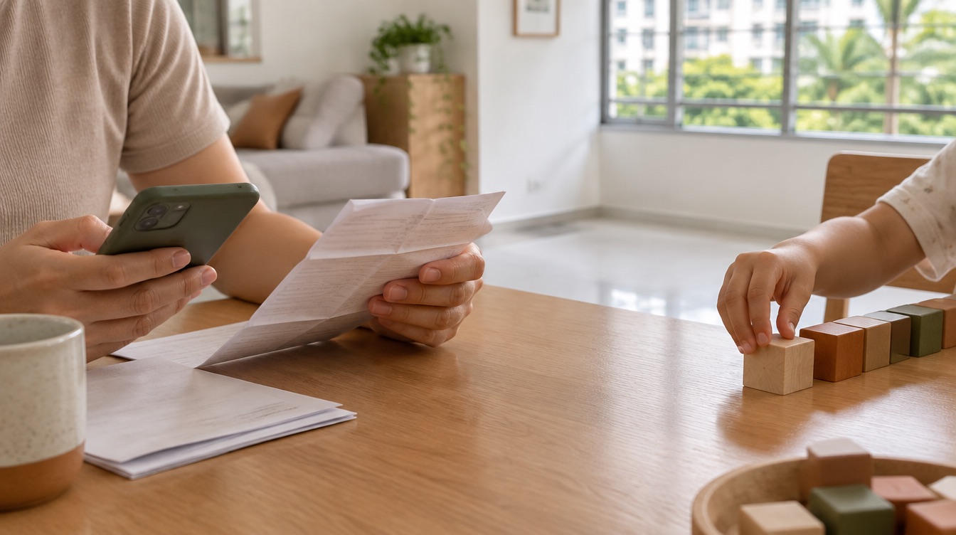 A parent works through a clinic bill at the kitchen table while their child lines up wooden blocks beside them.