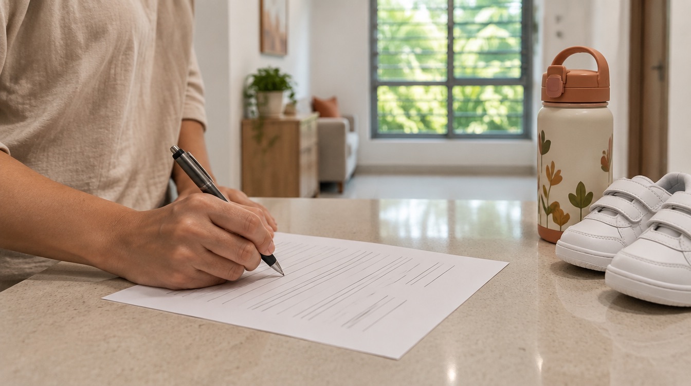 A parent signs a one-page form at the kitchen counter, beside a child's water bottle and small white shoes.