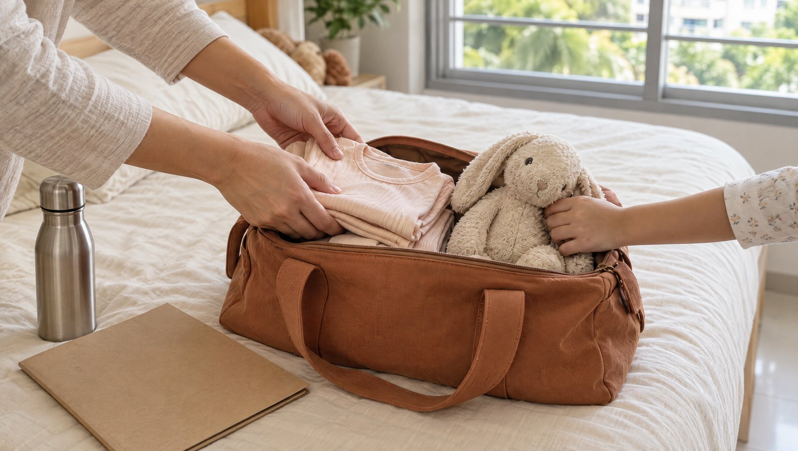 On a child's bed at home, a parent folds small pyjamas into an overnight bag while their child's hand tucks in a soft toy, ready in case a hospital stay comes.