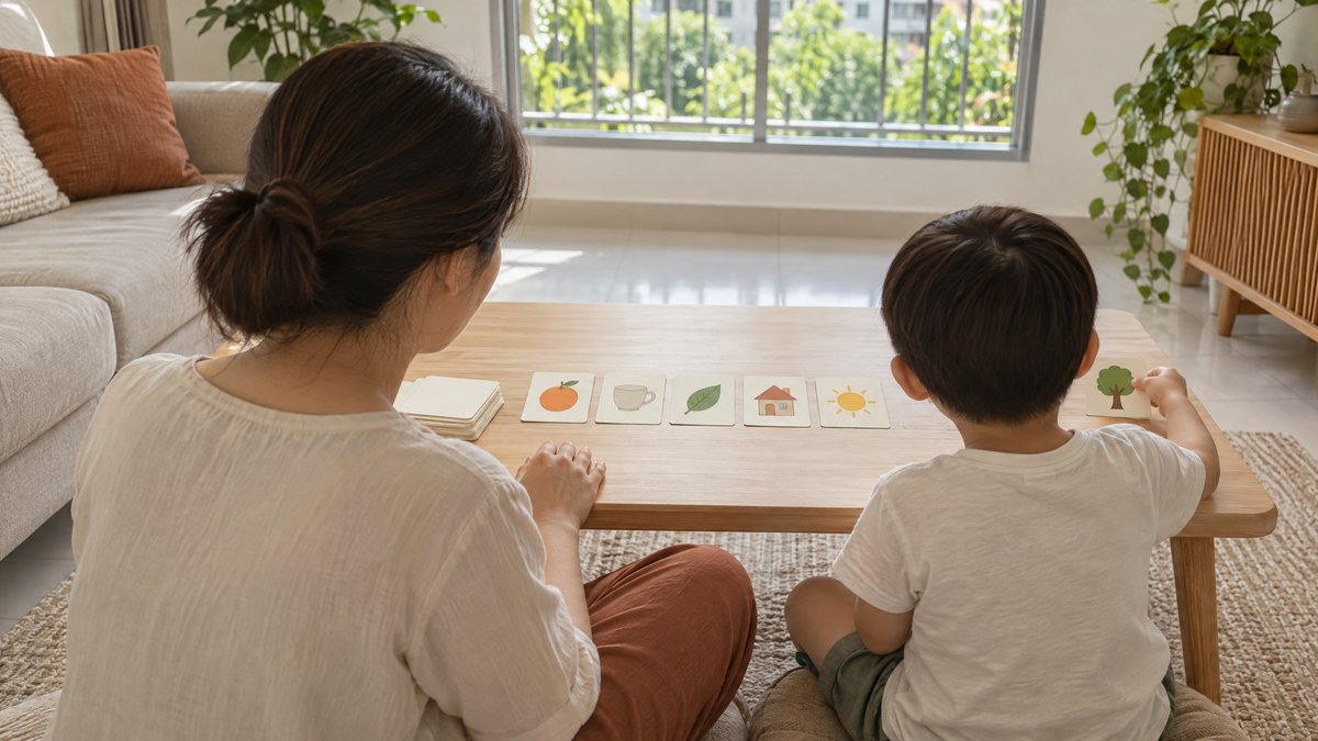 A parent and child sit side by side at a low table at home, going through picture cards together.