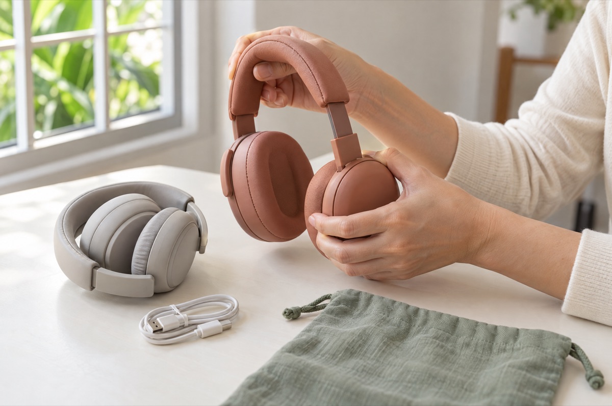 A parent's hands adjust the headband of a pair of kids' ear defenders, beside a folded pair of noise-cancelling headphones, a charging cable and a soft pouch.
