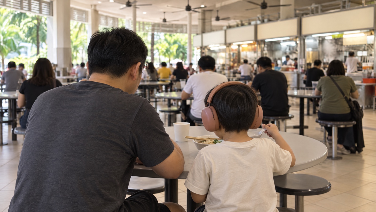 Lunchtime at a busy hawker centre, a young child in clay-coloured ear defenders sits at a round table beside a parent, both seen from behind, the child eating calmly with a spoon beside a bowl of noodles.