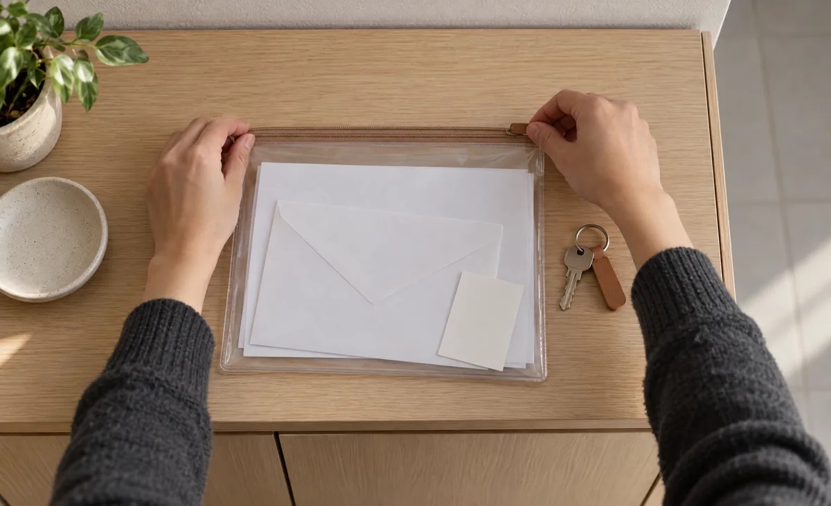 A parent's hands zip up a clear folder holding the form, a sealed envelope and a passport photo, with a key on a leather tab beside it, ready for the trip to the JKM office.