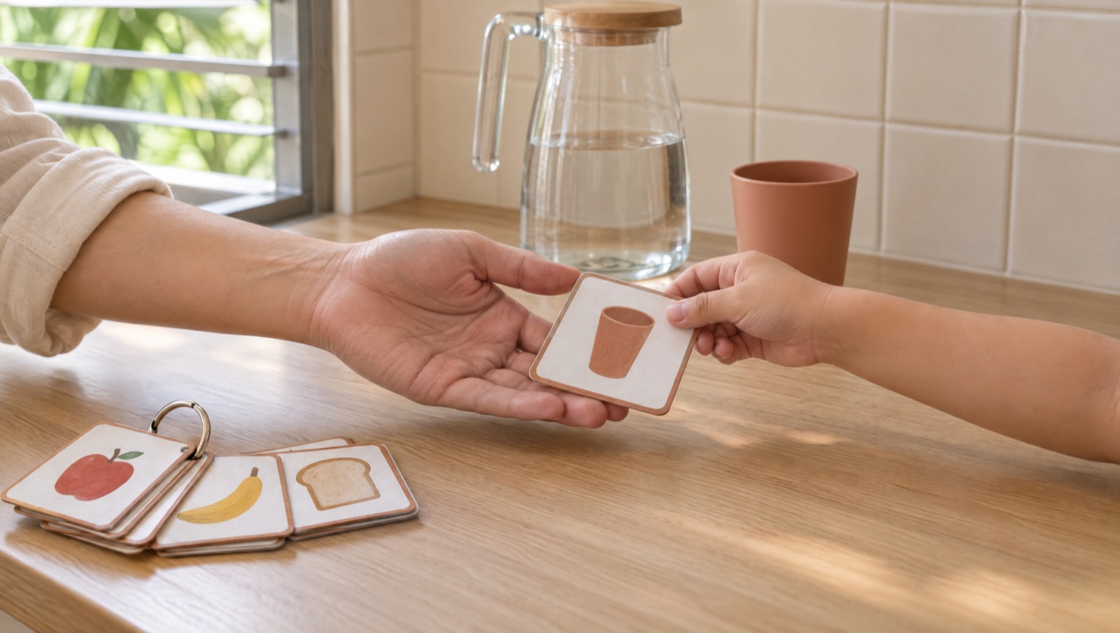 A child hands a parent a picture card of a cup to ask for a drink at the kitchen counter, with a ring of picture cards and a jug of water beside them.