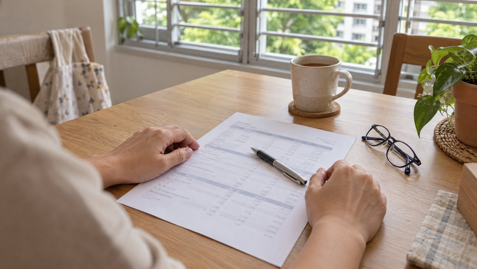 A parent's hands rest on a printed school fee schedule at the dining table, a pen on the page with nothing written yet, and a pair of glasses folded beside it.